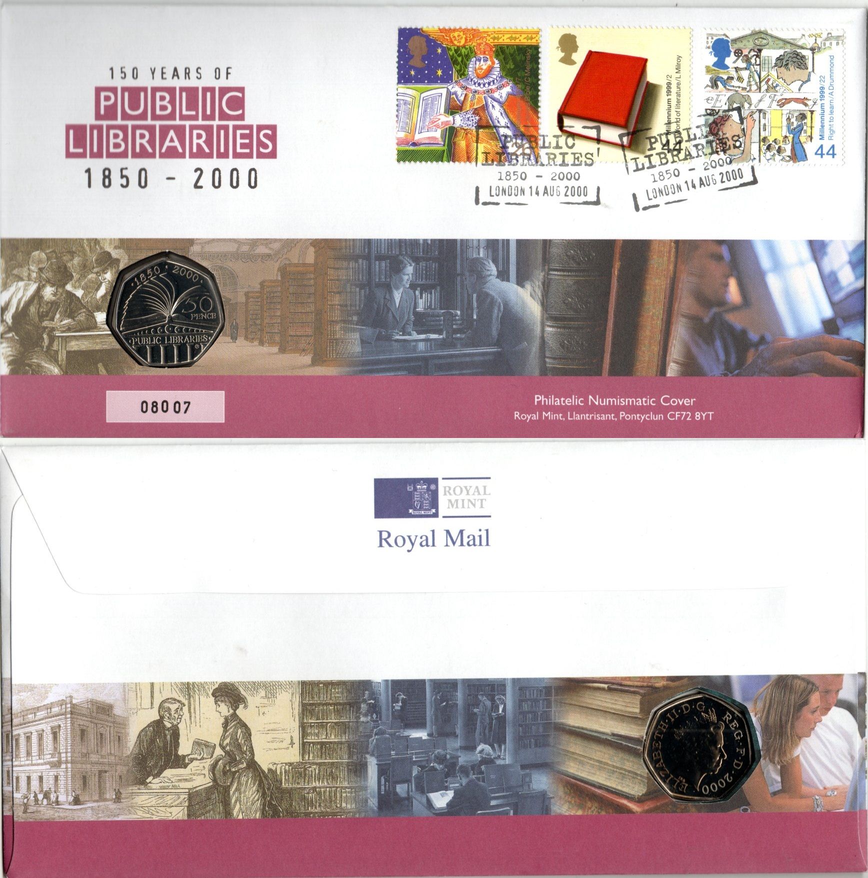 Великобритания 50 пенсов 2000 150 лет публичной библиотеке, в оригинальном конверте, с марками, первый день гашения KM 1004, Spink H11 медно-никель BU 8-2-06-45