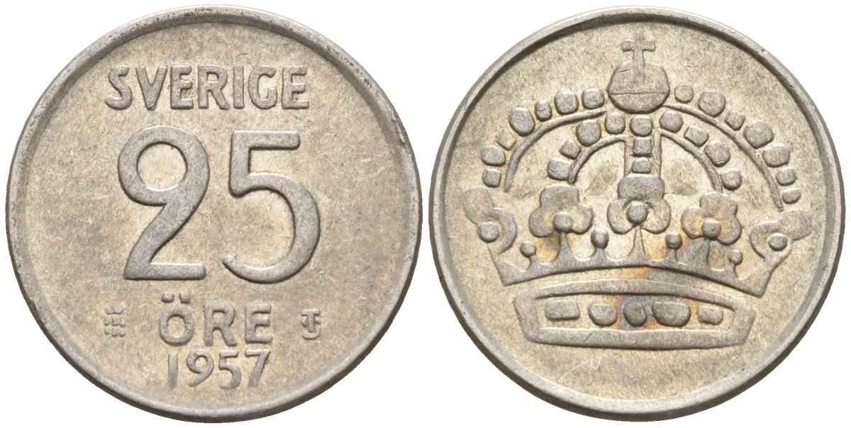 Швеция 25 эре 1957 TS, Густав VI Адольф (1950-1973) KM 824 серебро 4147-1053
