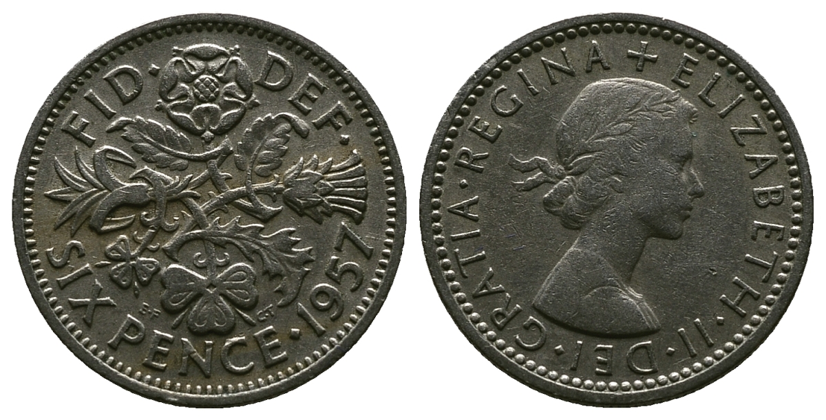 Великобритания 6 пенсов 1957 Елизавета II (1952-2022) KM 903, Spink 4149 медно-никель 4381-664