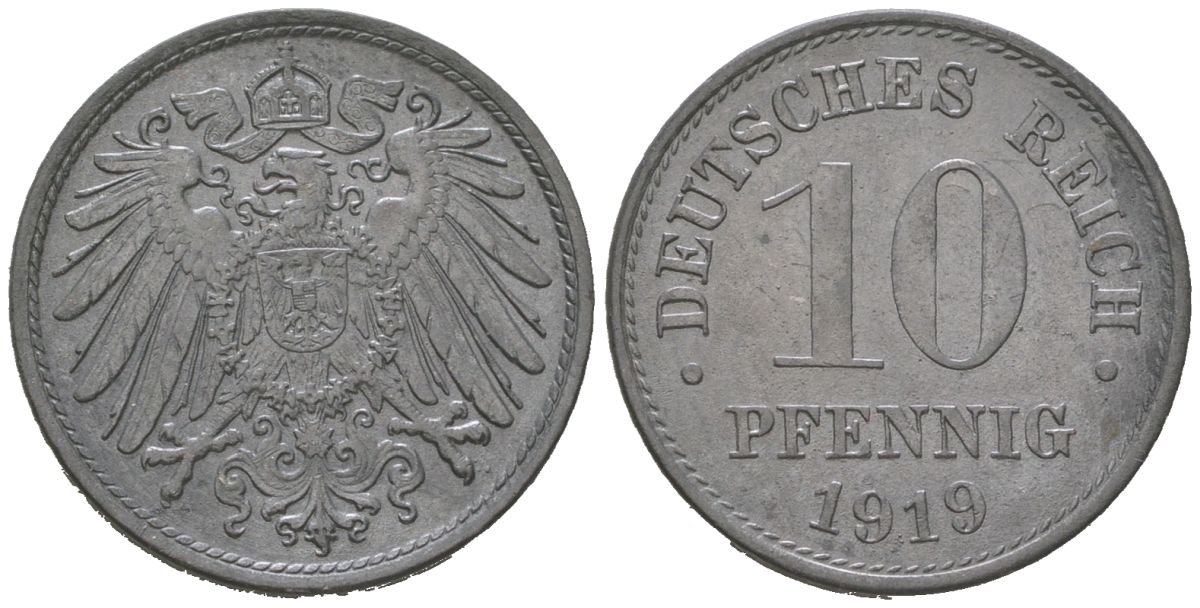 Германия 10 пфеннигов 1919 KM 26, J. 299 цинк 4115-1049