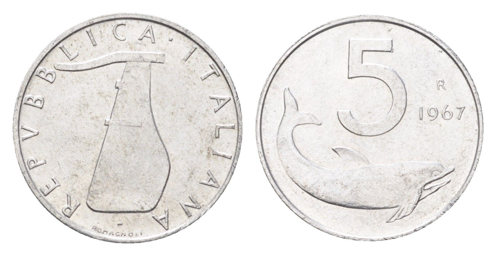 Италия 5 лир 1967 R, дельфин, плуг KM 92 алюминий 4705-159