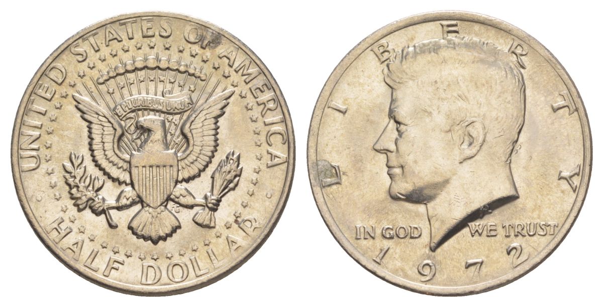 США 1/2 доллара (50 центов) 1972 Джон Кеннеди KM 202b медь плакированная медно-никелем aUNC 4140-835