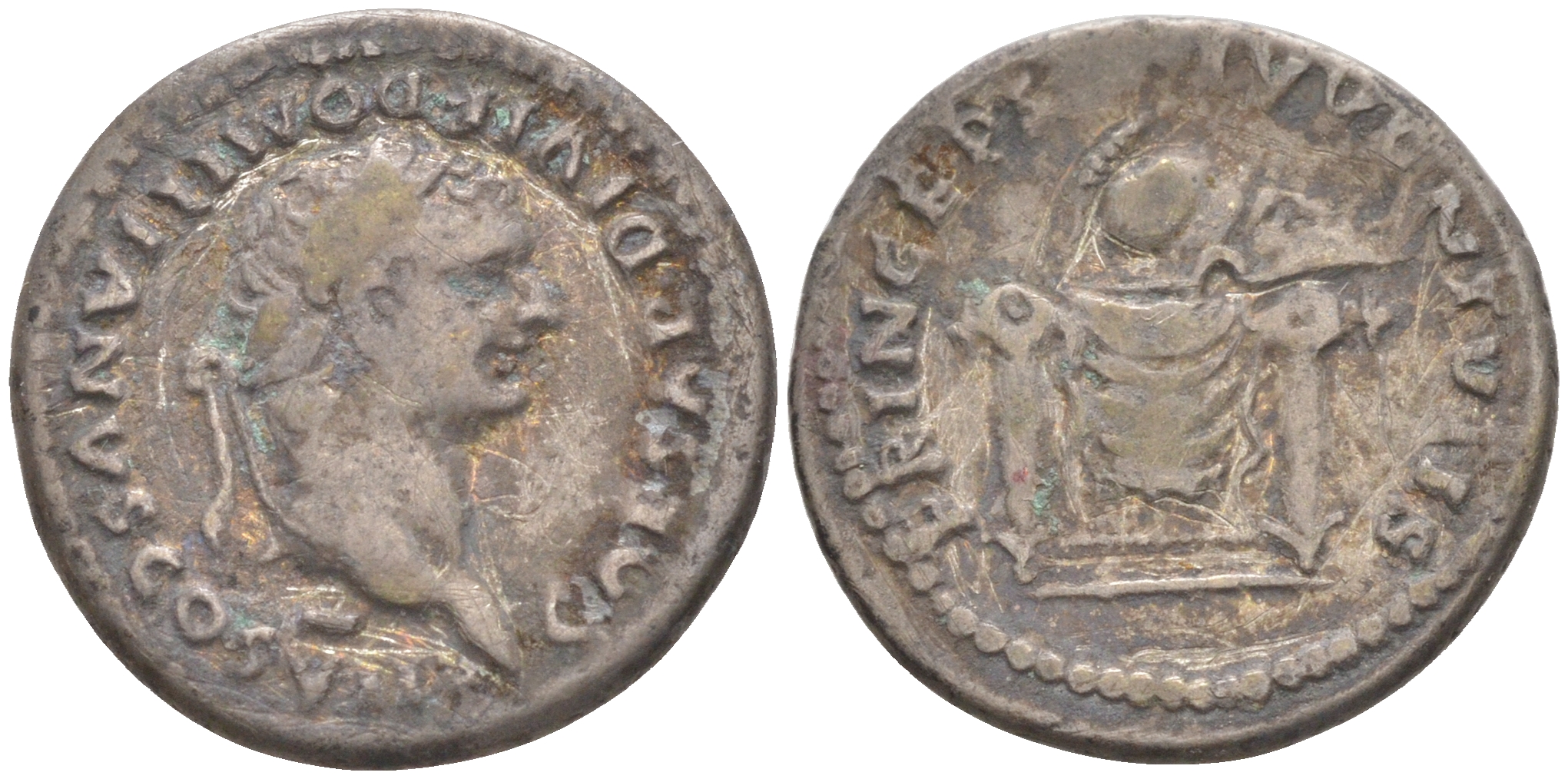 Римская Империя денарий 80 - 81 Домициан в ранге цезаря, голова цезаря, CAESAR DIVI F DOMITIANVS COS VII / шлем на троне, PRINCEPS IVVENTVTIS, Рим (из немецкой коллекции 1-й половины XX века, с владельческим конвертом) RIC 271 серебро 1073-15-74