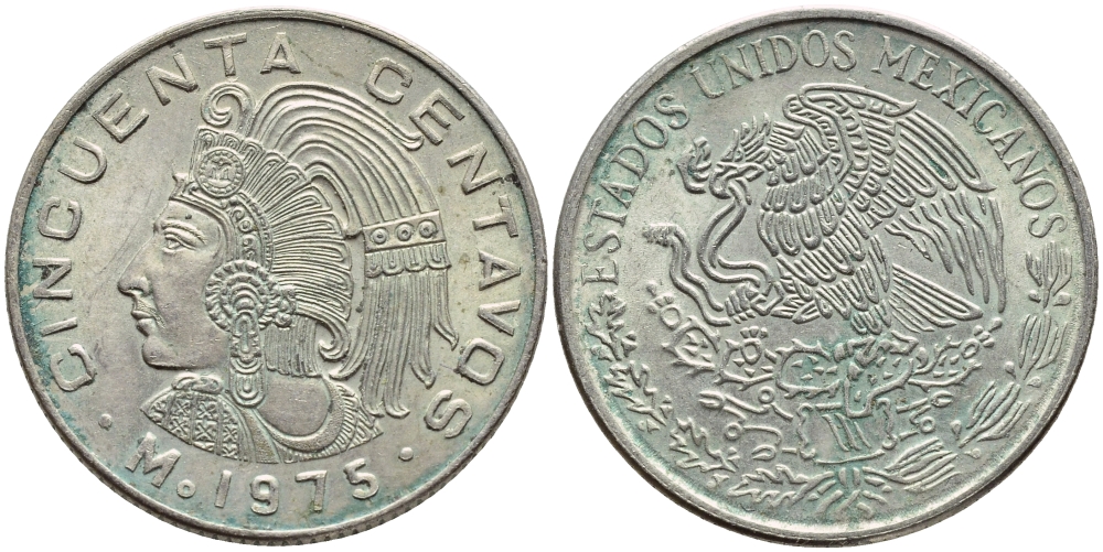 МЕКСИКА 50 СЕНТАВО 1975 DOTS KM 452 медно-никель 93-1312