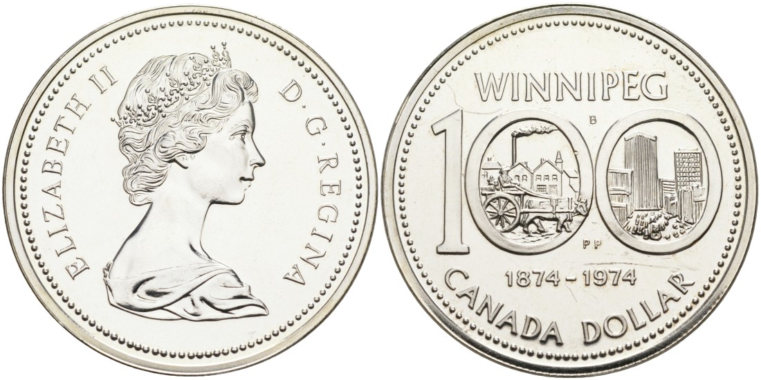 Канада 1 доллар 1974 100 лет городу Виннипег KM 88a серебро UNC 1095-4-33