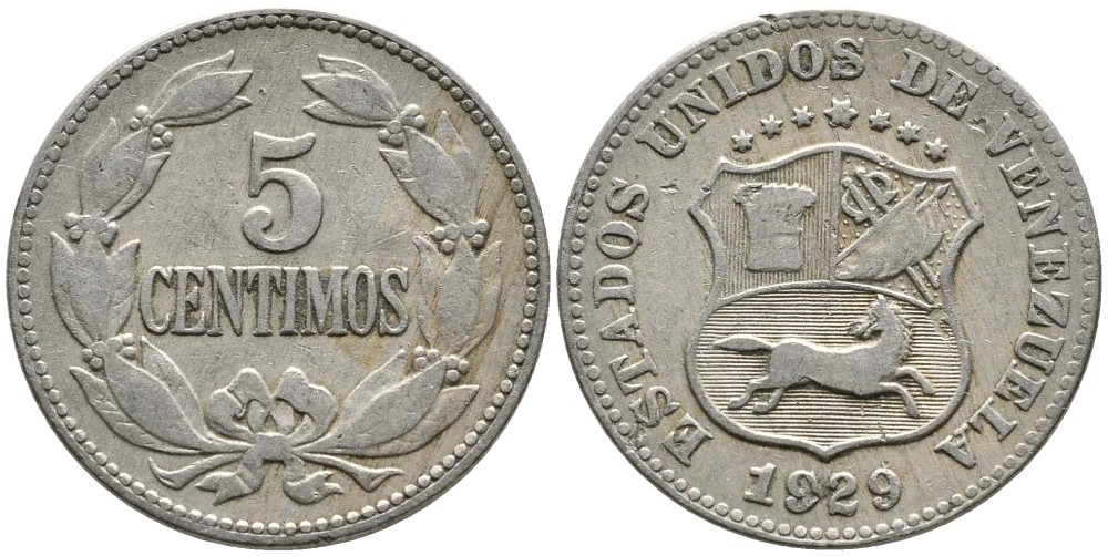 Венесуэла 5 сентимо 1929 редкий год KM 27 медно-никель 4532-255