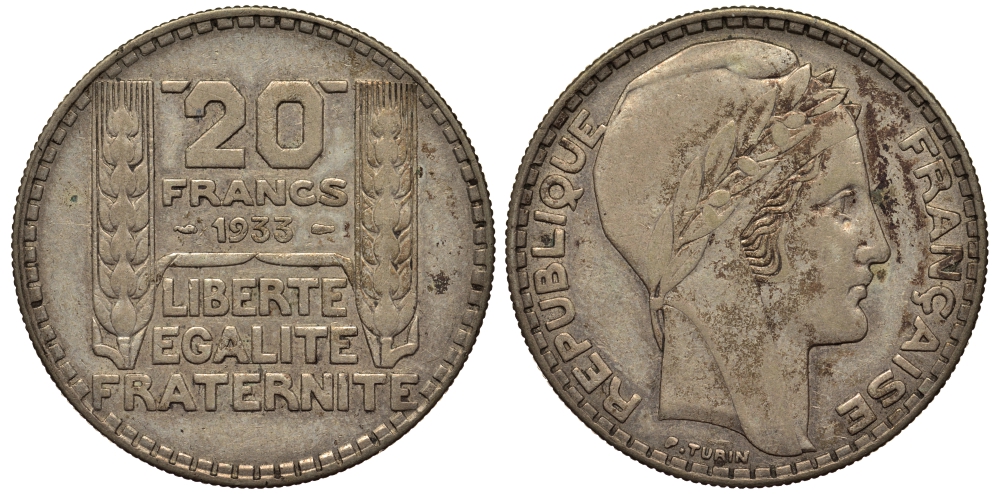Франция 20 франков 1933 Пьер Тюрен KM 879, Le Franc 400.3 серебро 413-3441