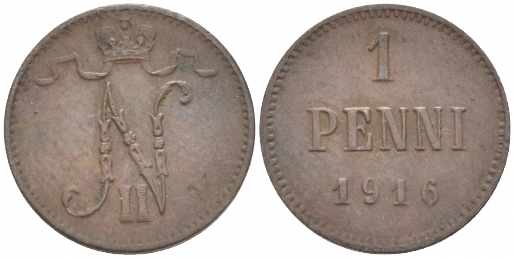 РОССИЯ ДЛЯ ФИНЛЯНДИИ 1 ПЕННИ 1916 НИКОЛАЙ II (1895-1917) KM 13, Биткин 476 медь 211-1025