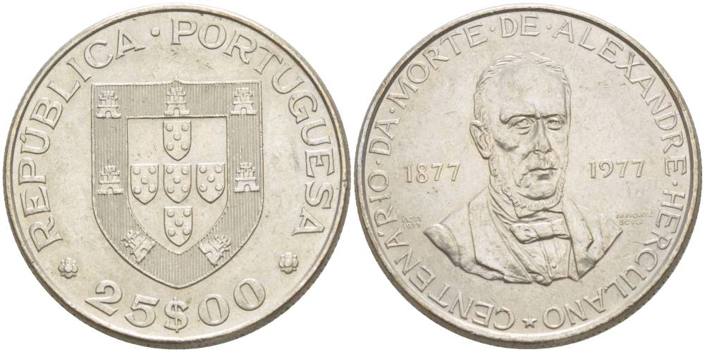Португалия 25 эскудо 1977 100 лет со дня смерти Александро Геркулано KM 608 медно-никель 4542-823