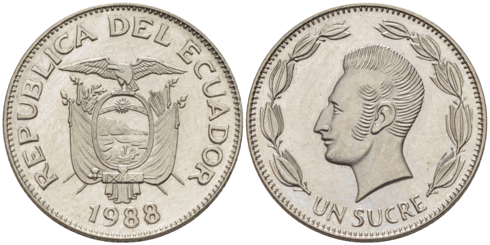 ЭКВАДОР 1 СУКРЕ 1988 АНТОНИО ХОСЕ де СУКРЕ KM 89 сталь плакированная никелем UNC 66-919