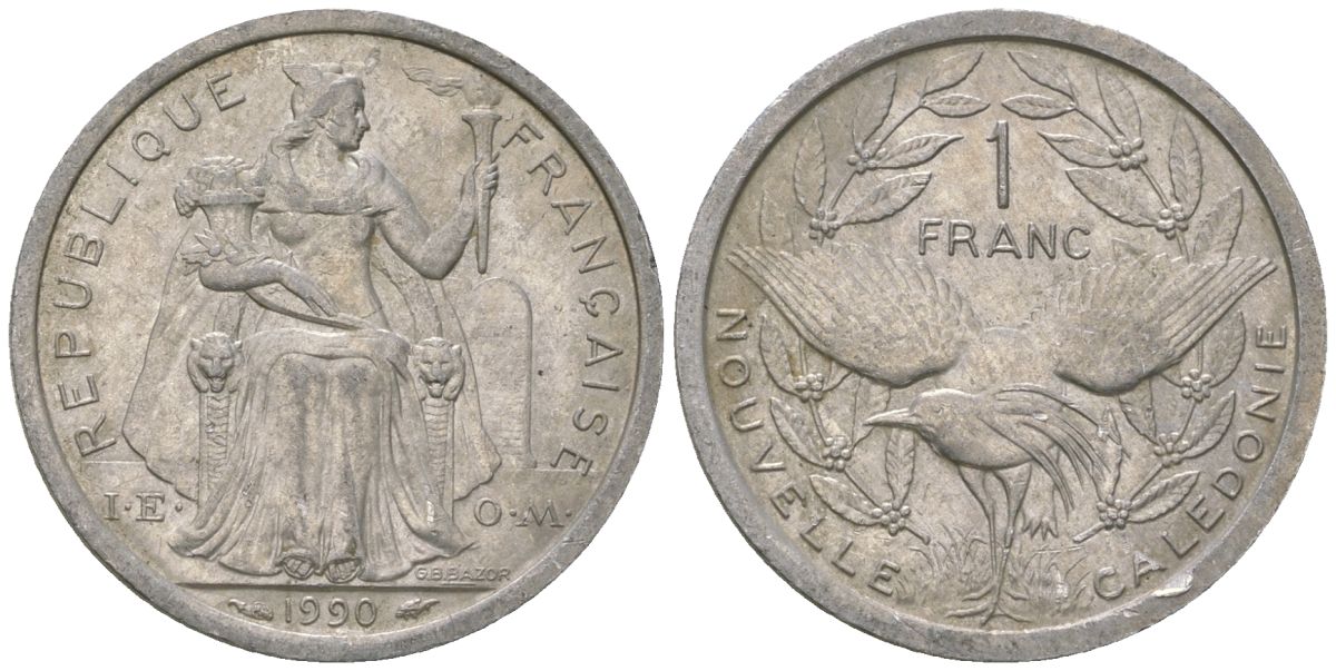 Французская Новая Каледония 1 франк 1990 птица кагу, (IEOM) KM 10, Schoen 10, Lec 50 алюминий 53-811