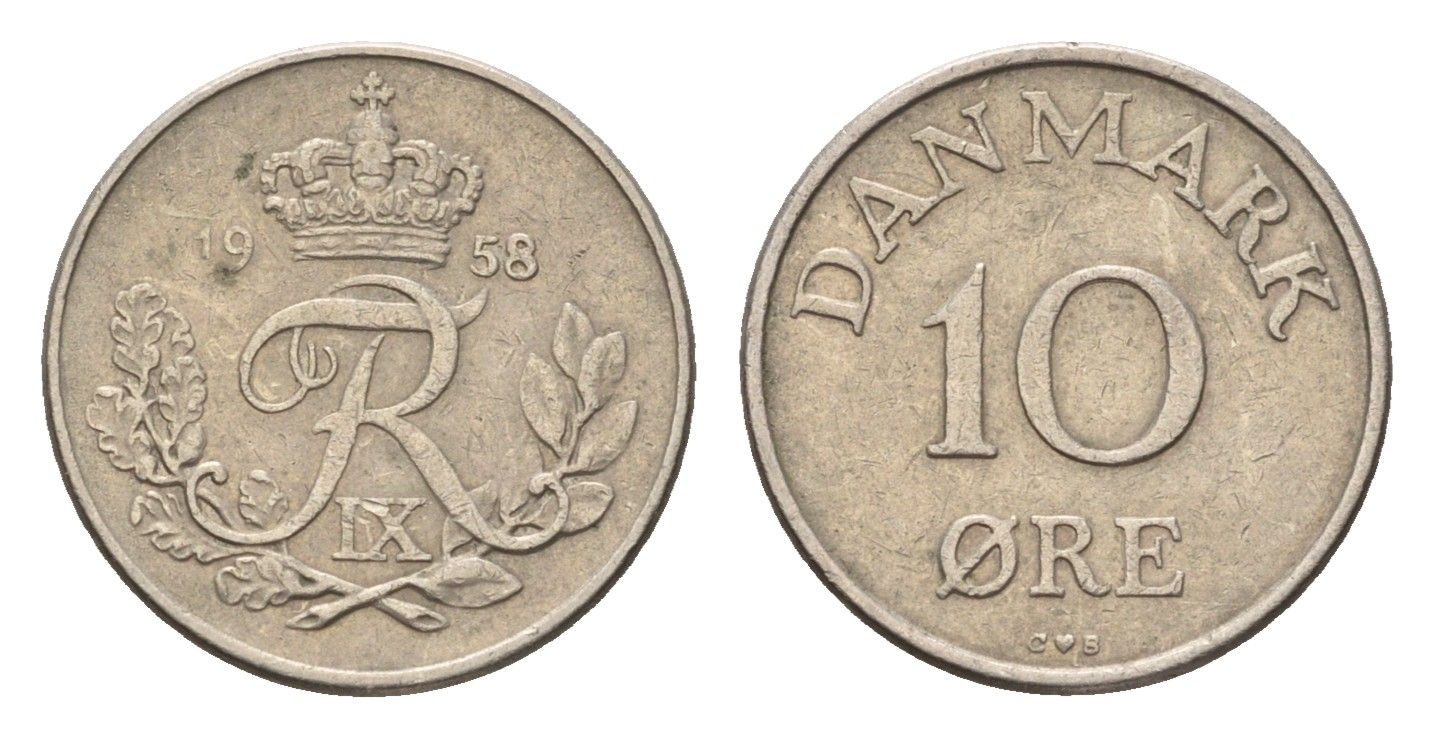 Дания 10 эре 1958 С; S, Фредерик IX (1947-1972) KM 841 медно-никель 4684-622