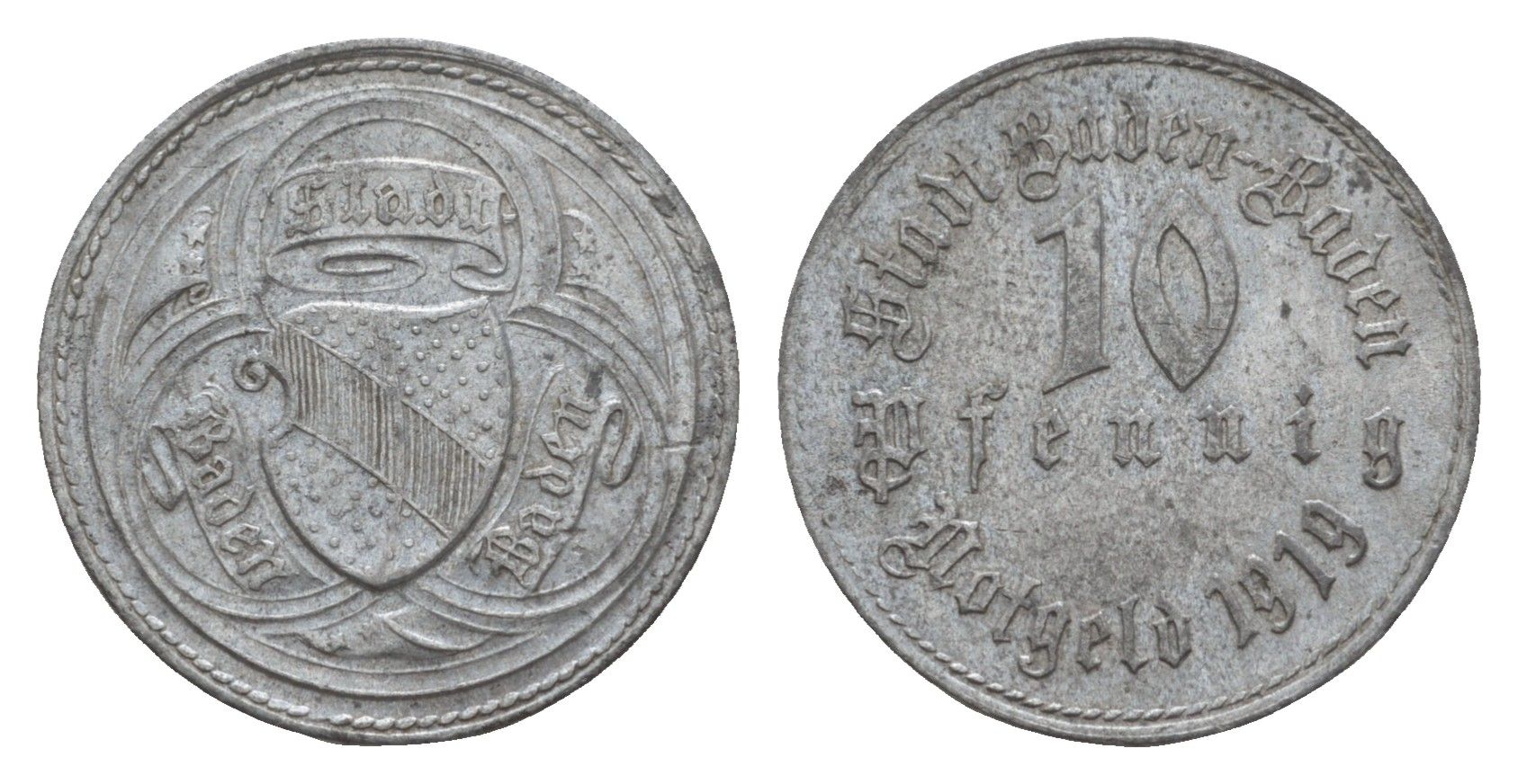 Баден-Баден 10 пфеннигов 1919 Funck 26.1, Men05 1200.1, Men18 1558.1 цинк 4659-343