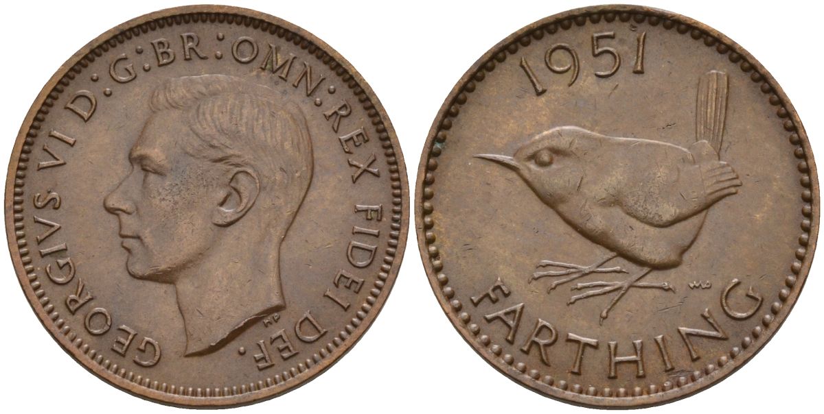 Великобритания 1 фартинг 1951 Георг VI (1936-1952) KM 867, Spink 4119 бронза 4154-266