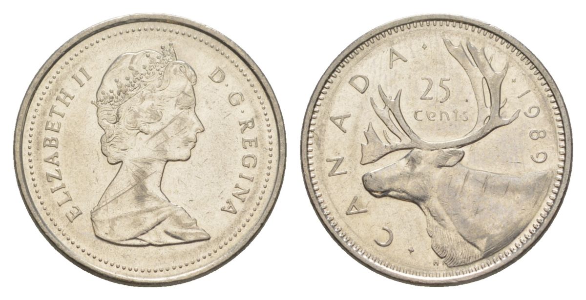 Канада 25 центов 1989 Елизавета II (1952-2022), олень KM 74 никель 4631-641