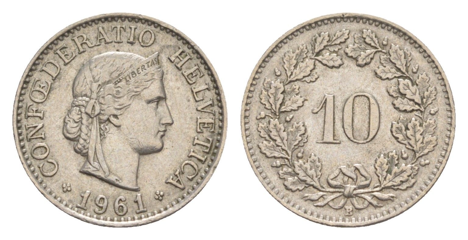 Швейцария 10 раппенов 1961 B KM 27 медно-никель 4625-257