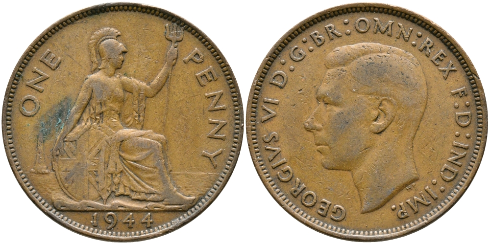 Великобритания 1 пенни 1944 Георг VI (1936-1952) KM 845, Spink 4114 бронза 32-226