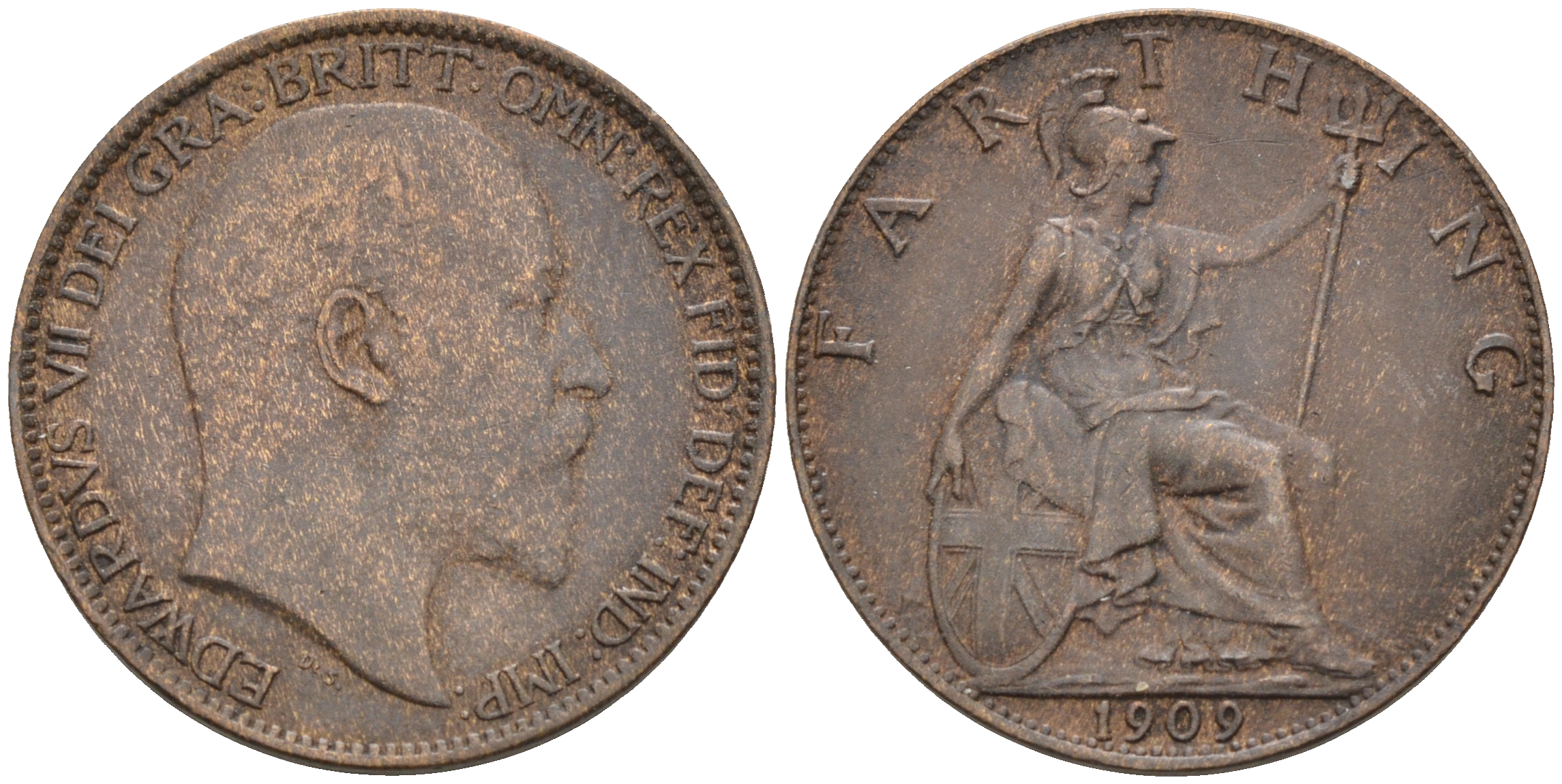 Великобритания 1 фартинг 1909 Эдуард VII (1901-1910), KM 792, Spink 3992 бронза 4588-516