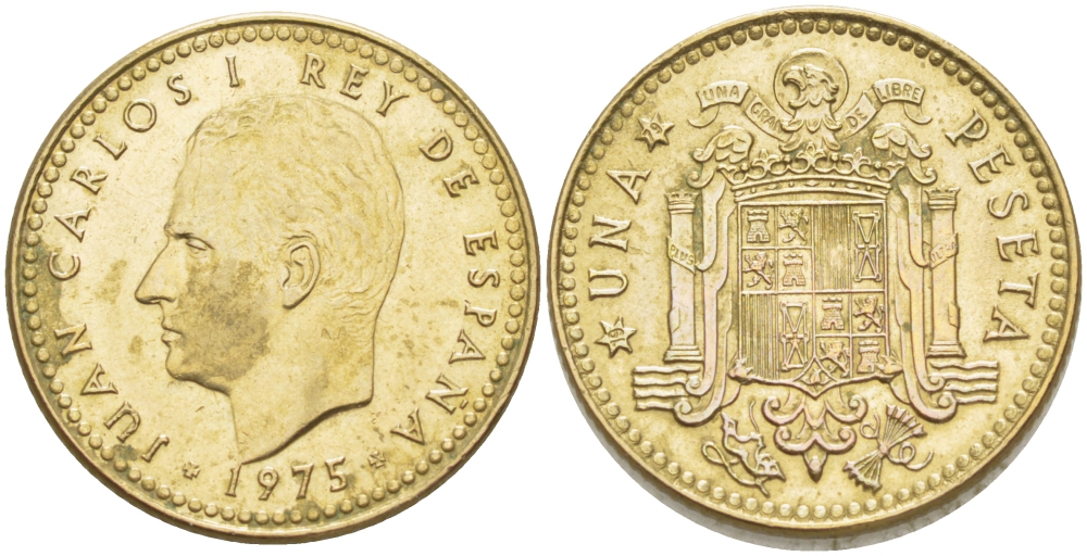 Испания 1 песета 1975 (79) Хуан Карлос I (1975-2014) KM 806 алюминиевая бронза 87-1516
