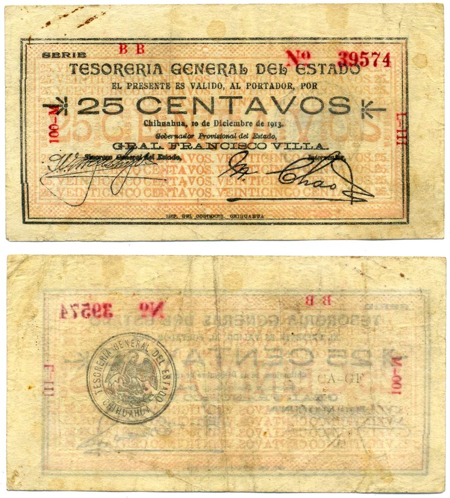 Мексика 25 сентаво 1913 10 декабря 1913, Tesorerнa General del Estado, серия ВВ Pick S 551e бумага 8603-1-2-1