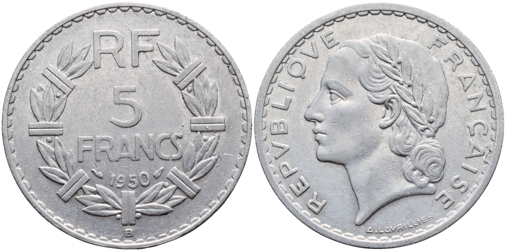 ФРАНЦИЯ 5 ФРАНКОВ 1950 B KM 888b.2 алюминий 74-425