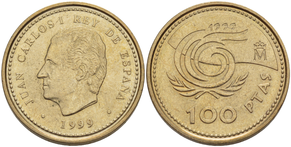 Испания 100 песет 1999 международный год пожилых людей, Хуан Карлос I (1975-2001) KM 1006 алюминиевая бронза 4185-836