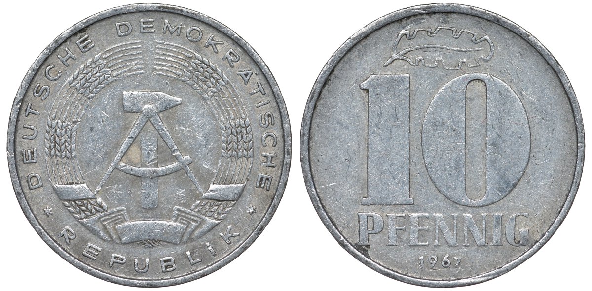 ГДР 10 пфеннигов 1967 А KM 10 алюминий 4122-442