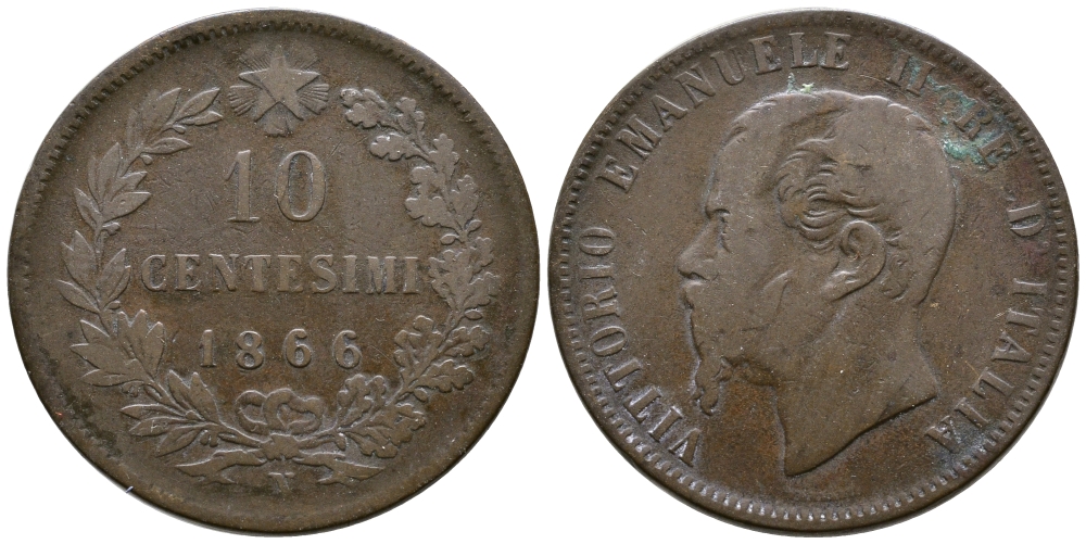 ИТАЛИЯ 10 ЧЕНТЕЗИМО 1866 N, ВИКТОР ЭММАНУИЛ II (1861-1878) KM 11.4 медь 73-712