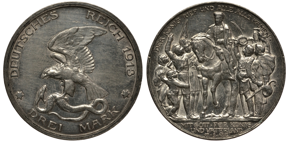 Пруссия 3 марки 1913 Вильгельм II (1888-1918), 100 лет победы над Наполеоном KM 534, J. 110 серебро 3711-1224