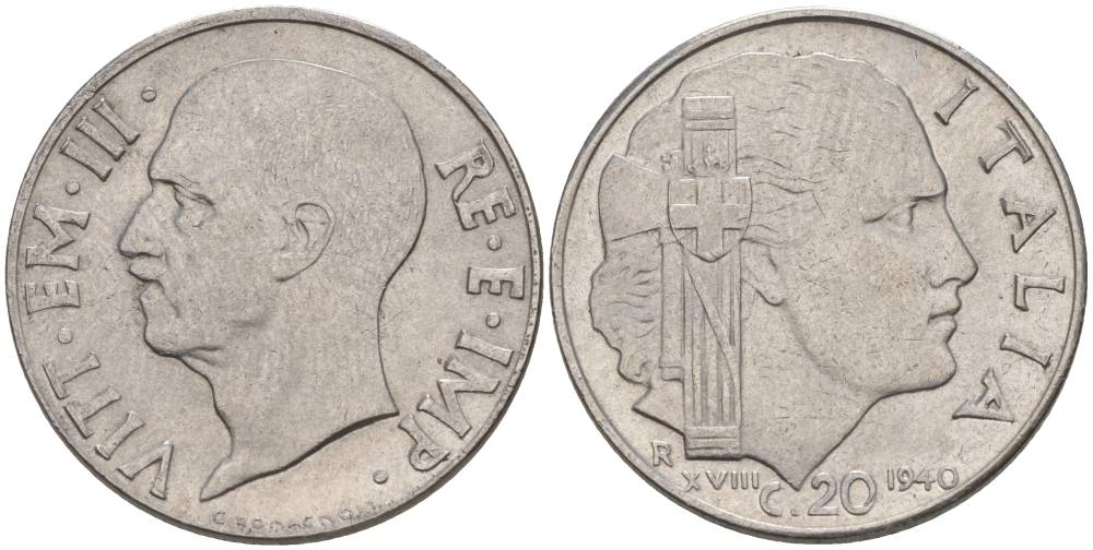 ИТАЛИЯ 20 ЧЕНТЕЗИМО 1940 R, ГОД XVIII, ВИКТОР ЭММАНУИЛ III (1900-1946), МАГНИТНАЯ, ГУРТ РИФЛЁНЫЙ KM 75b, VEM3. 1025 нержавеющая сталь 3853-511