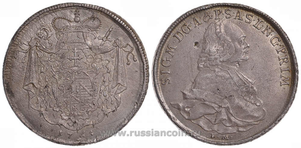 Австрия, Зальцбург 1 талер 1765 FM, Зигмунд фон Шраттенбах (1753-1771) Dav. 1259, KM 402 серебро 00-806-02