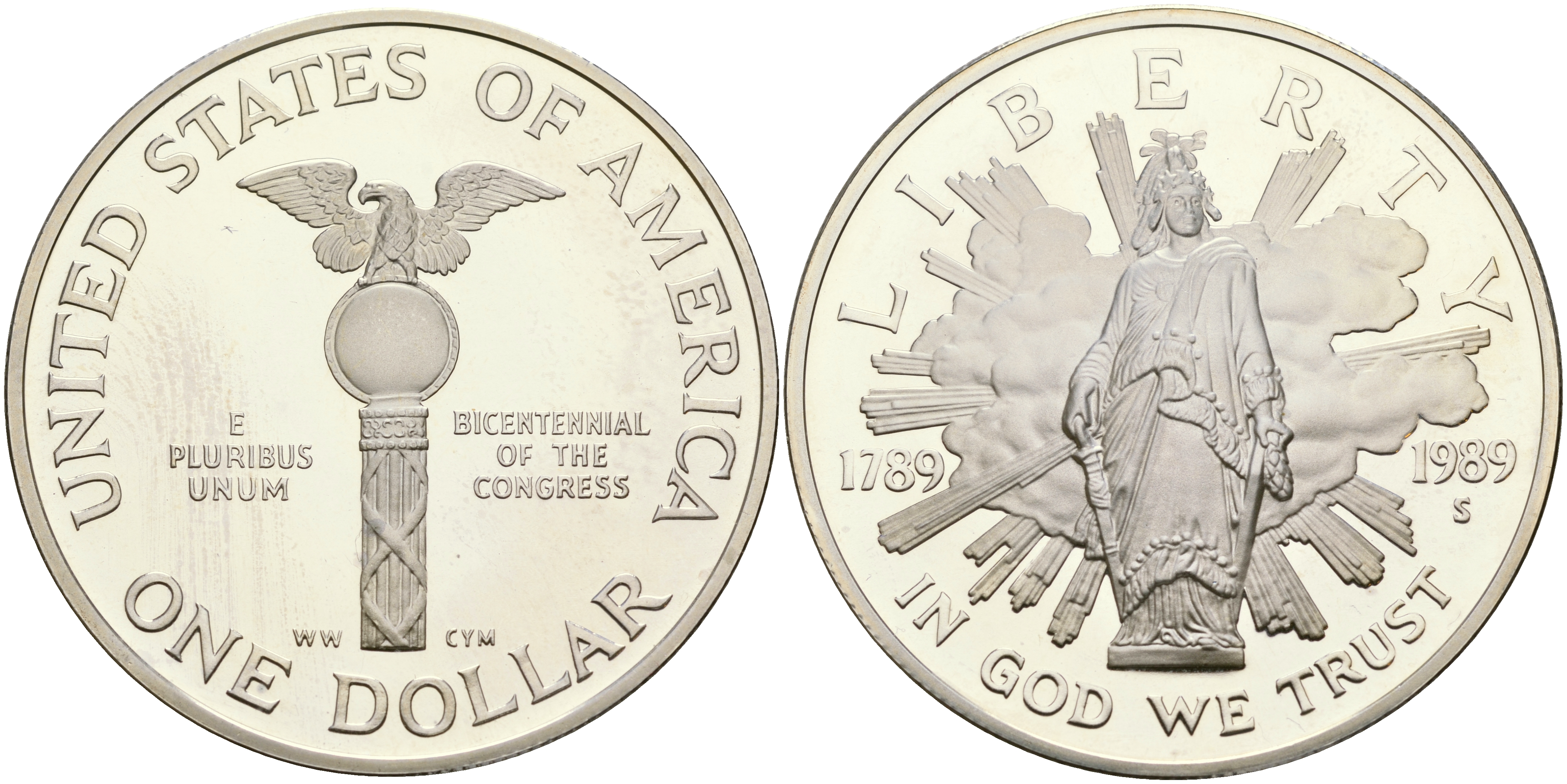 США 1 доллар 1989 S, 200 лет конгрессу США KM 225 серебро PROOF 06-245-44