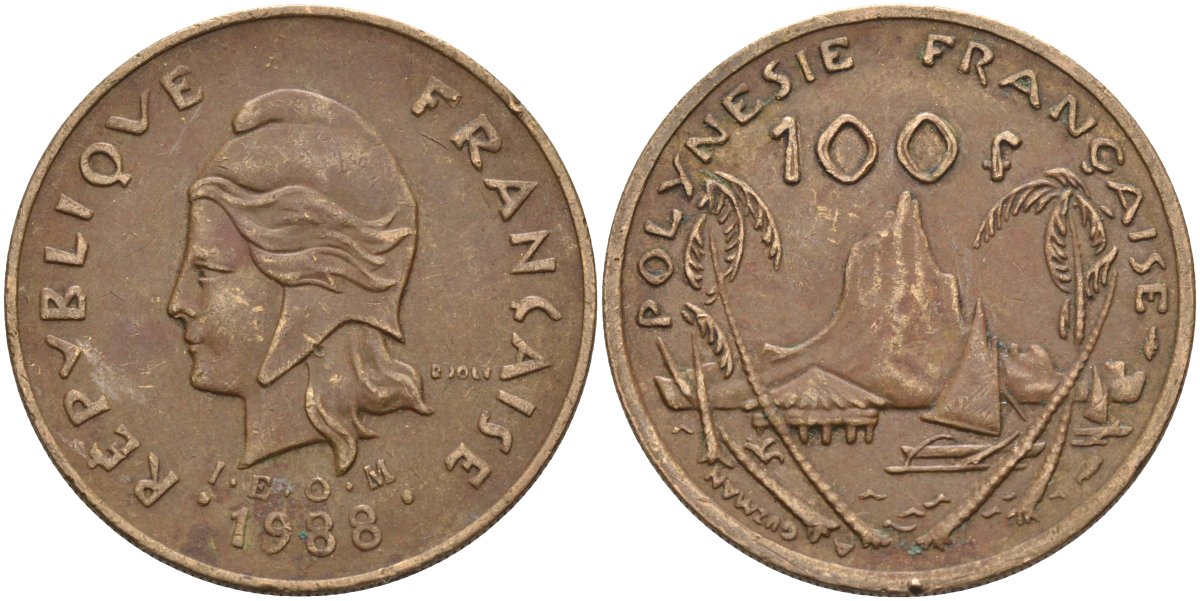 Французская Полинезия 100 франков 1988 KM 14 никель-бронза 4131-1032