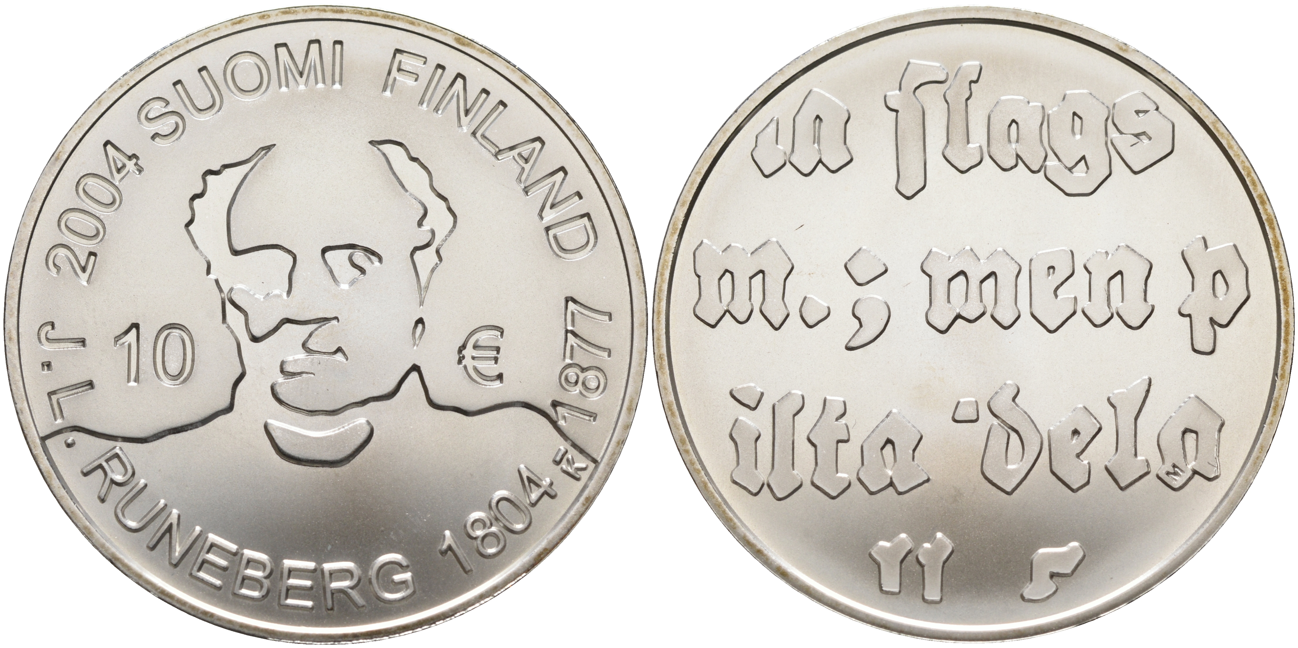 Финляндия 10 евро 2004 200 лет со дня рождения Йохана Людвига Рунеберга, поэт KM 115 серебро  UNC 11-114-14