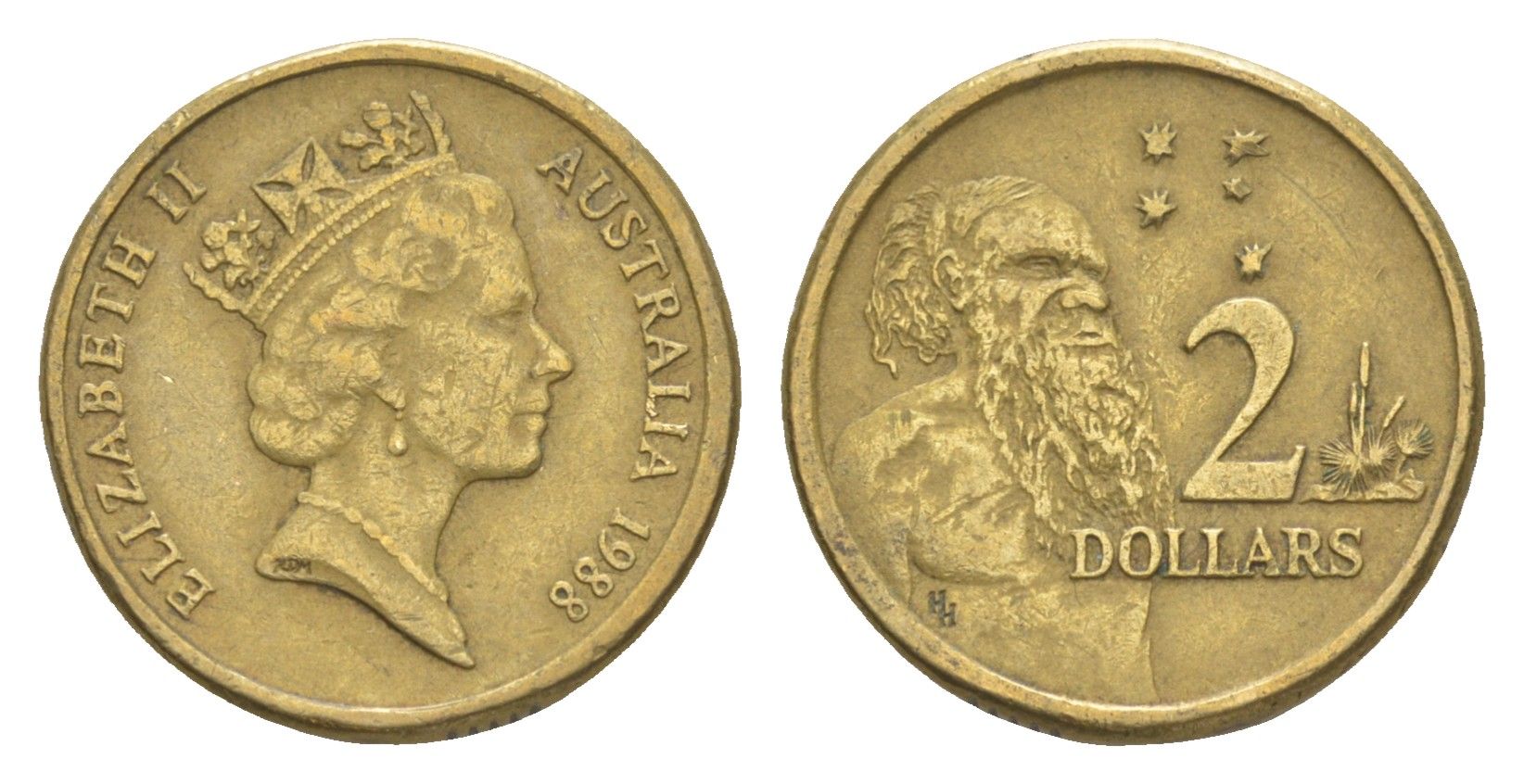 Австралия 2 доллара 1988 абориген, Елизавета II (1952-2022) KM 101 алюминиевая бронза 4652-235