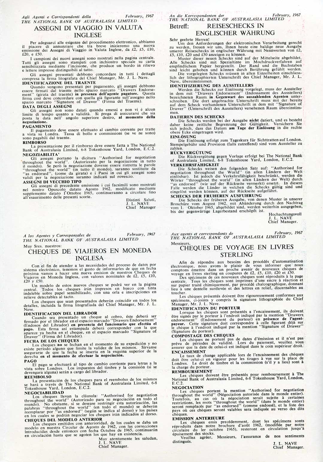 Австралия, Национальный банк Австралии 2, 5, 10, 20 и 50 фунтов 1967 дорожные чеки, оригинальный буклет, образец Specimen   бумага  UNC (пресс) 5548-3-1-2