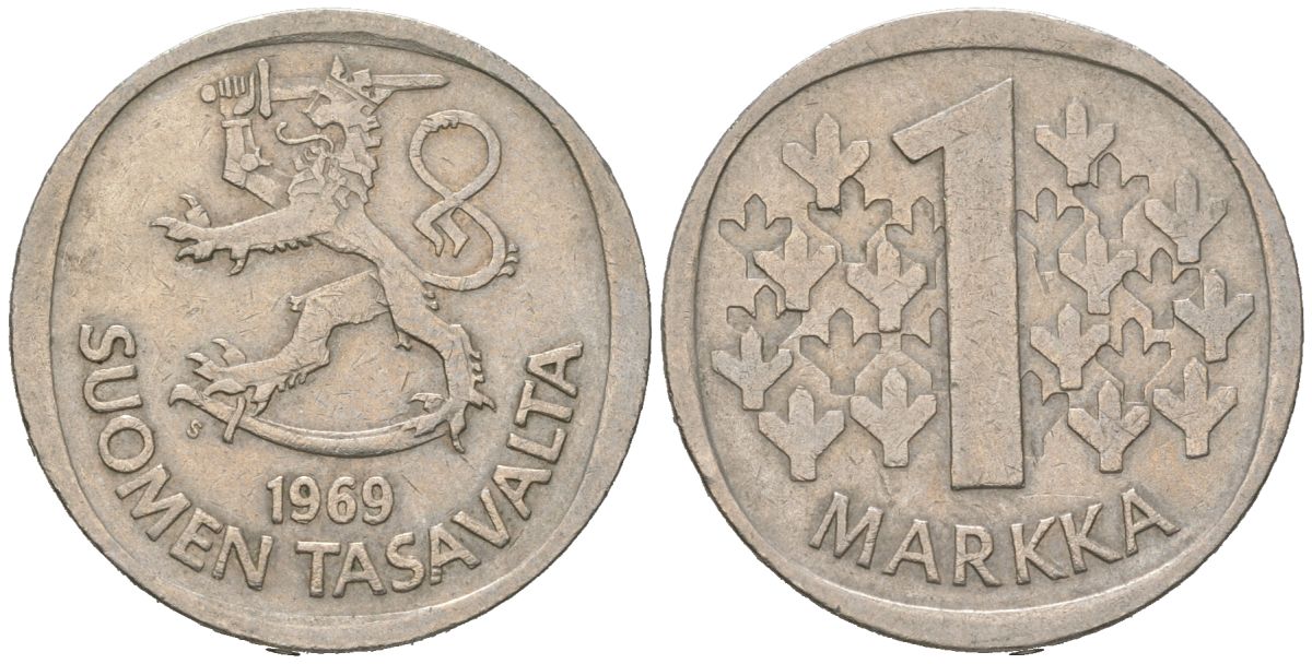 Финляндия 1 марка 1969 S KM 49a медно-никель 4577-911