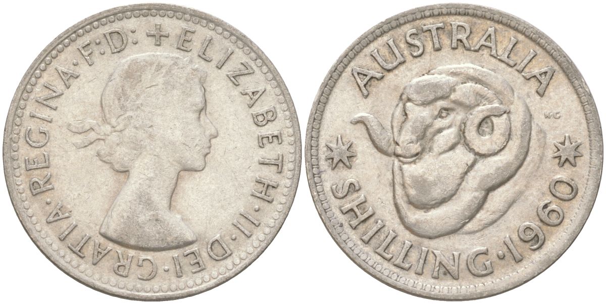 Австралия 1 шиллинг 1960 M, Елизавета II (1952-2022), овца меринос KM 59 серебро 4622-226