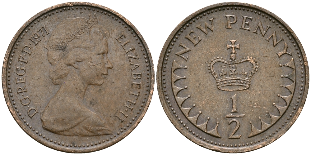 Великобритания 1/2 пенни 1971 Елизавета II (1952-2022) KM 914, Spink 4239 бронза 96-337