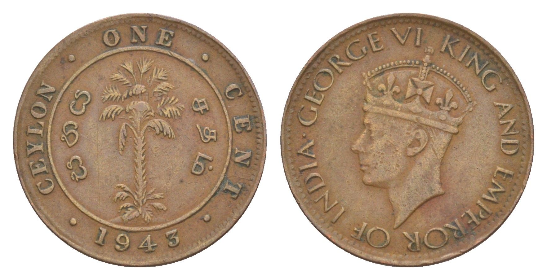 Цейлон 1 цент 1943 KM 111a бронза 4605-211