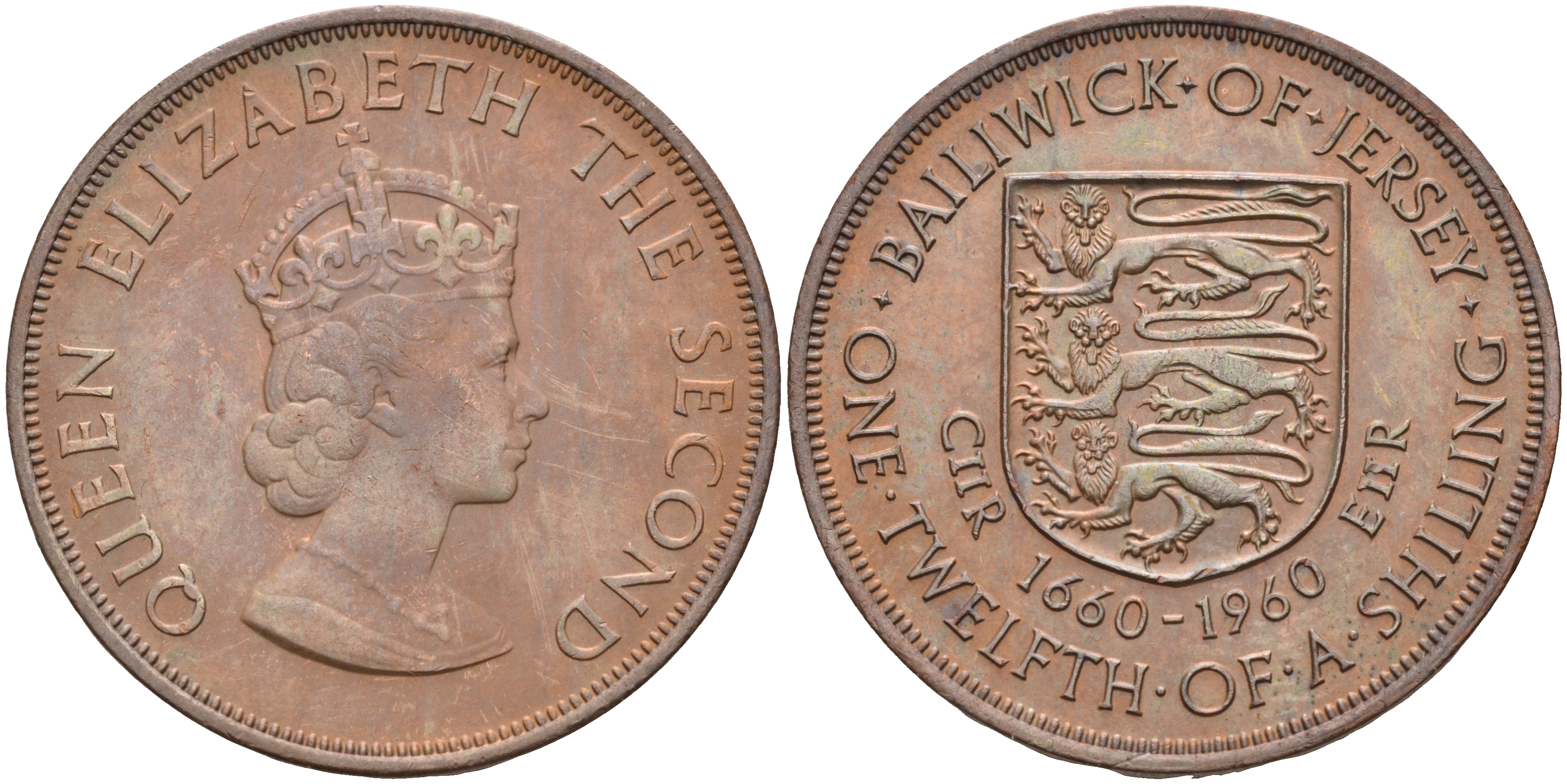 Джерси 1/12 шиллинга 1960 Елизавета II (1952-2022), 300 лет вступления на престол короля Карла II KM 24 бронза UNC 4367-1212