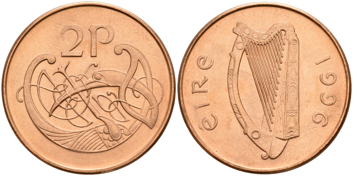 Ирландия 2 пенсов 1996 Виньетка в виде стилизованной птицы из второй библии Карла II Лысого KM 21a бронза 4140-315