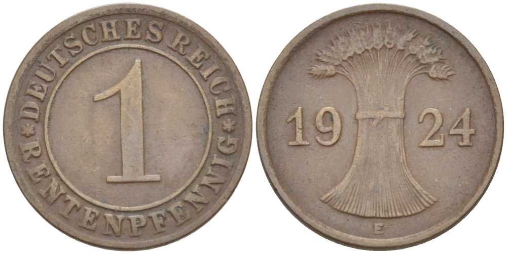 Германия 1 рентенпфенниг 1924 E KM 30, J. 306 бронза 116-861