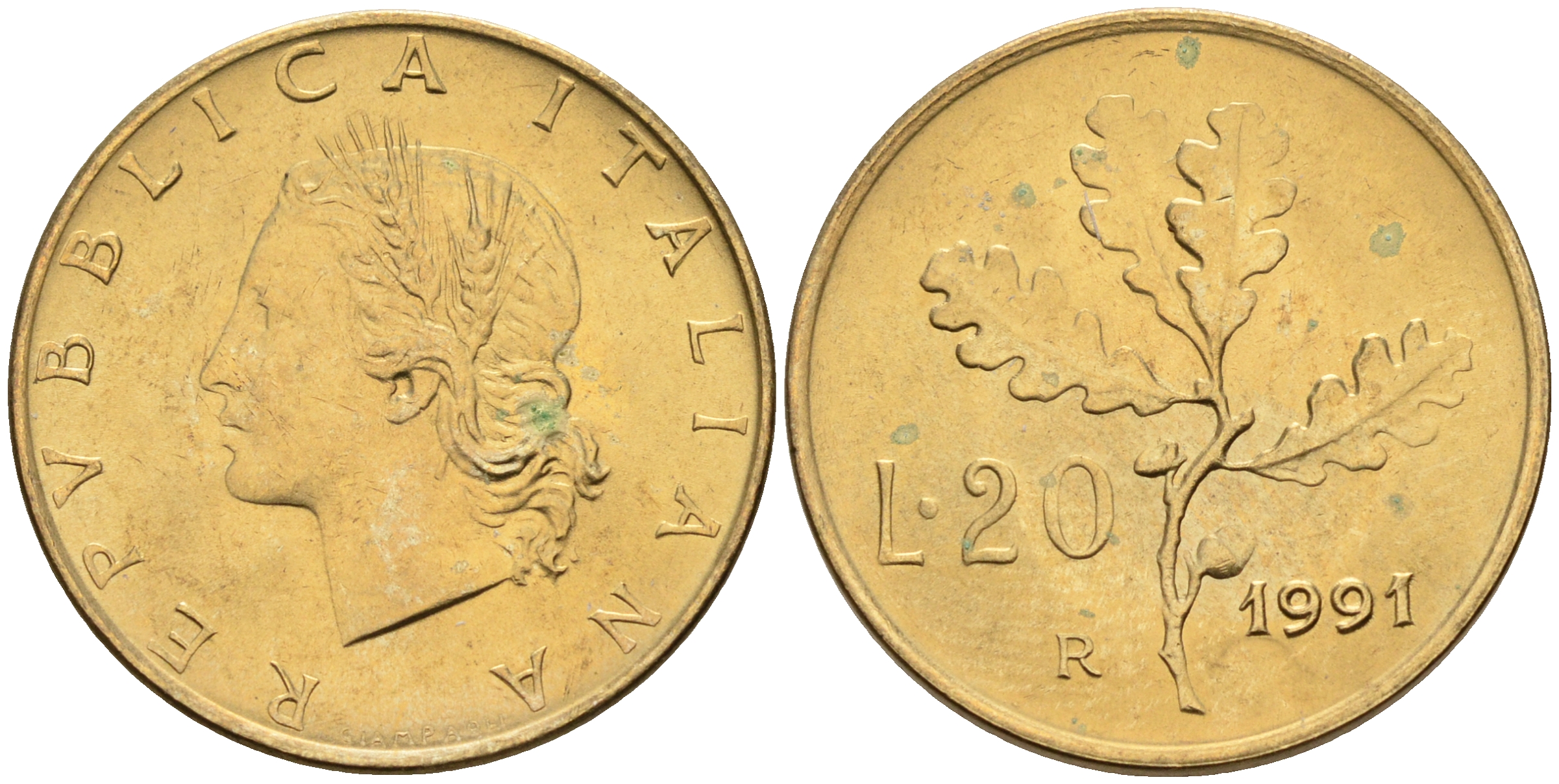 Италия 20 лир 1991 R, дубовый лист KM 97.2 алюминиевая бронза  UNC  4594-835