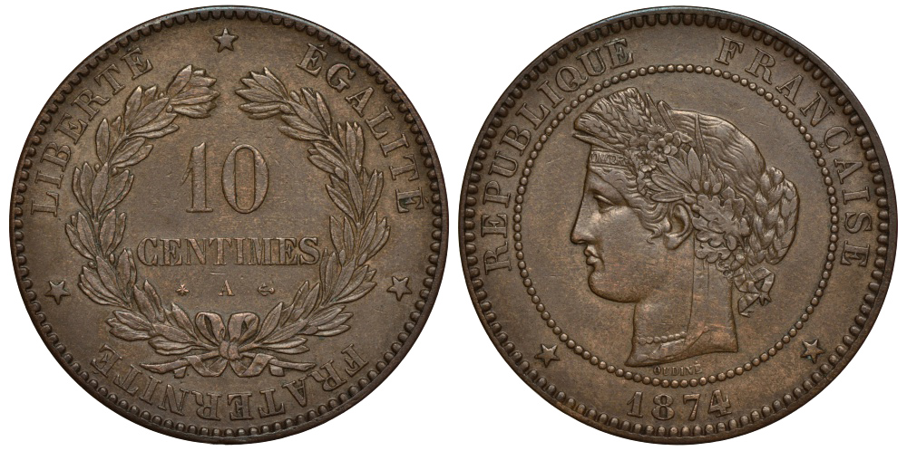 ФРАНЦИЯ 10 САНТИМОВ 1874 A, ТРЕТЬЯ РЕСПУБЛИКА (1871-1940) KM 815.1, LA FRANC 135.12 бронза 441-1515