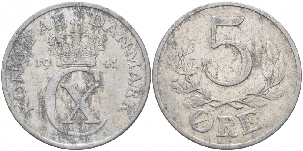 ДАНИЯ 5 ЭРЕ 1941 N ; S, КРИСТИАН X (1912-1947) KM 834 алюминий 87-1416