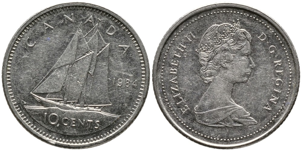КАНАДА 10 ЦЕНТОВ 1984 ЕЛИЗАВЕТА II (1952-), ПАРУСНИК, ВТОРОЙ ПОРТРЕТ В КОРОНЕ KM 77.2 никель 4532-829