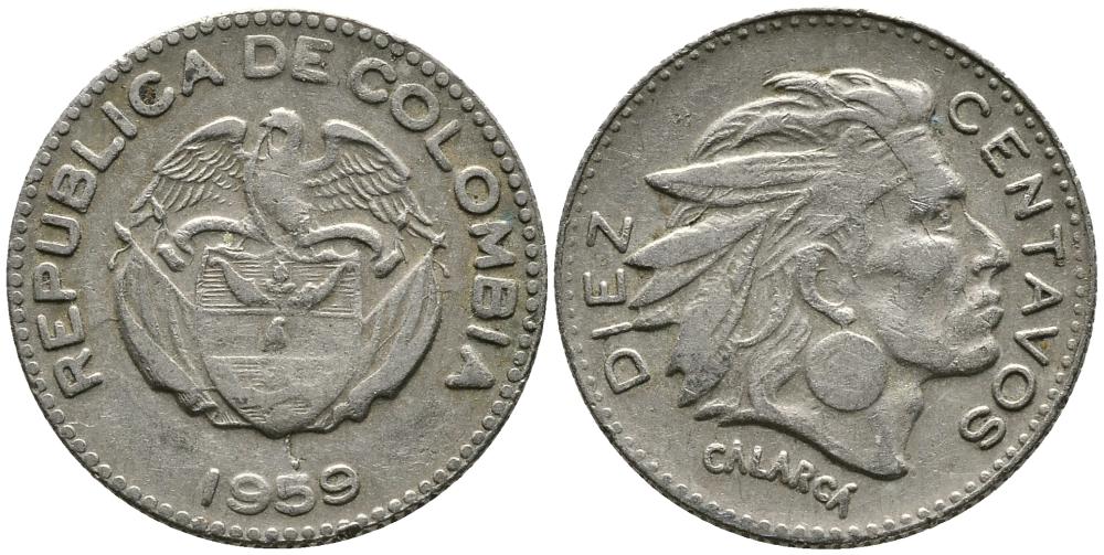 КОЛУМБИЯ 10 СЕНТАВО 1959 КАЛАРКА KM 212.2 медно-никель 4549-623