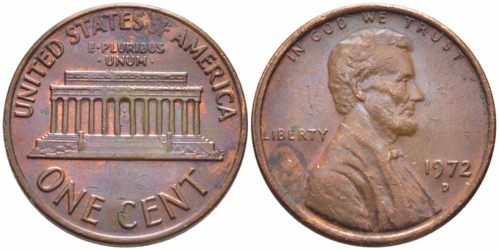 США 1 ЦЕНТ 1972 D, ЛИНКОЛЬН KM 201 медь цинк 112-411