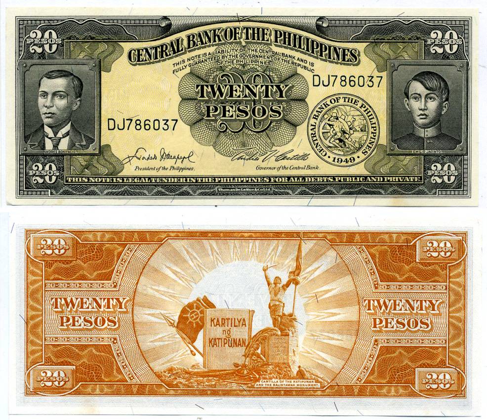 ФИЛИППИНЫ 20 ПЕСО 1949 ПОДПИСЬ 5 Pick 137d бумага UNC (ПРЕСС) 8564-37-1-1